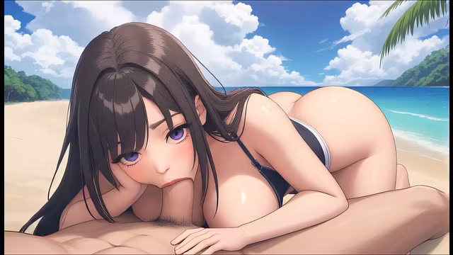 AI Generated - Wet Dark Hair Beach Waifu POV Sloppy BJ Huge Natural Tits