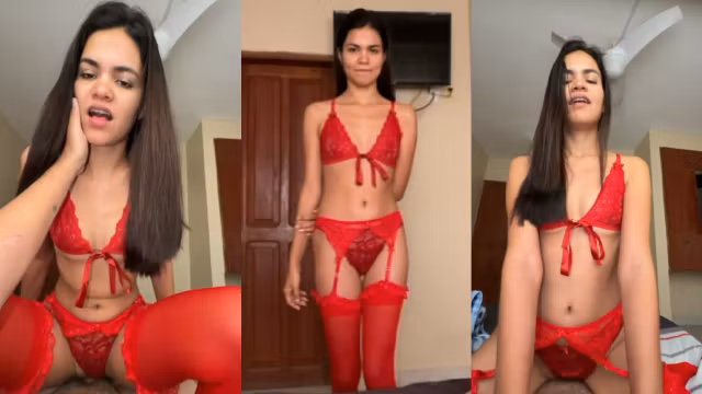 with my skinny girlfriend in red lingerie without a condom