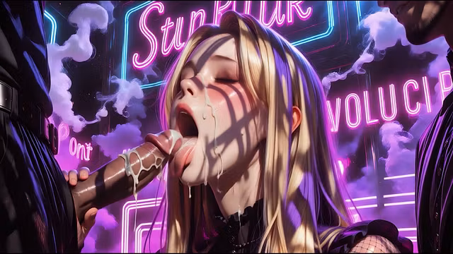 Simulation Love – Neon Vice Police Blowjob: Busty Blonde in Fishnets Sucking Cock Under Pink Neon Lights – 4K Animated Hentai