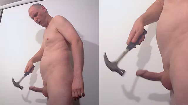 Jonathan hits his soft cock with a hammer and gets an erection