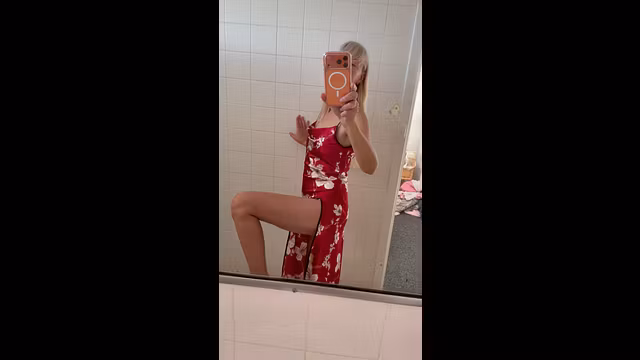 Hot MILF in hotel room getting ready for a date in her satin dress has quickie with fruit picker
