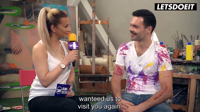Slim Inked Blonde Flirts with Artist's Cock Between Paint Strokes... She's About to Get Fucked Hard
