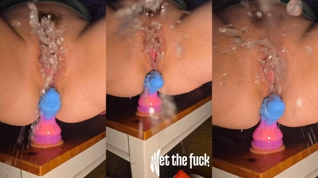 Cute girl rides dragon dildo. Massive closeup squirting Alarm!