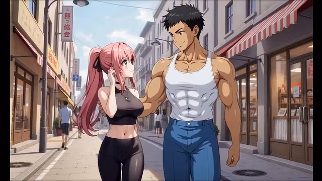 AI Generated - Anime Street Pickup Muscular Alpha & Busty Pink Hair Babe 💦🔥