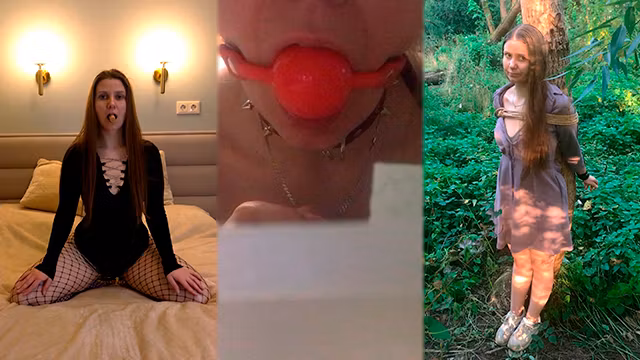 Gagged, tied to a tree, and obedient slave - Lovessie