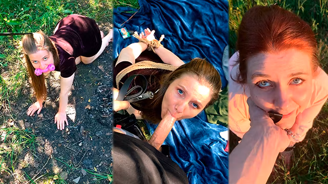 In the field on a chain, blowjob on knees in the forest and licking the owner's feet - Lovessie